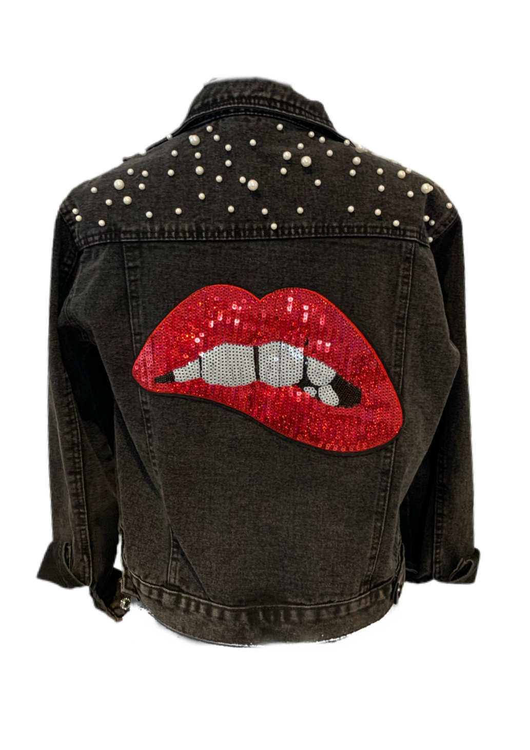 Black Jean Jacket  with Red Lips and pearls