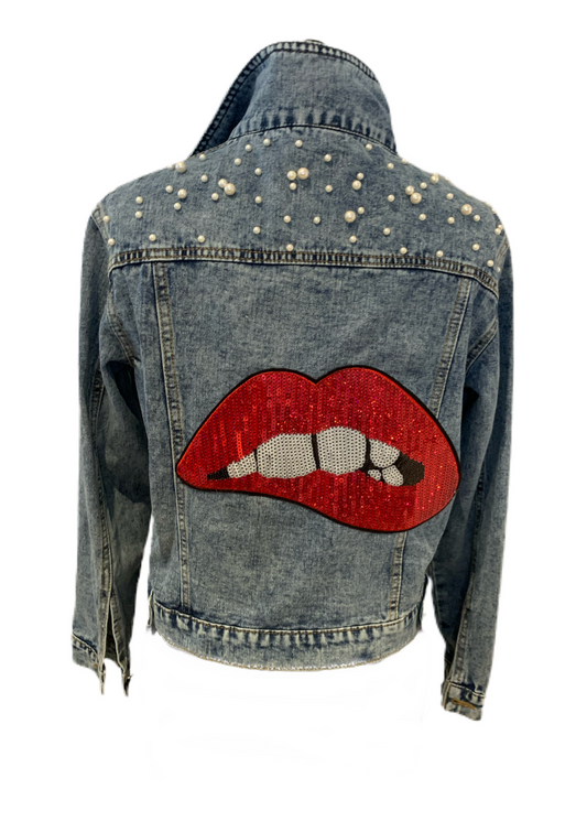 Pearl Jean Jacket with Red Lips